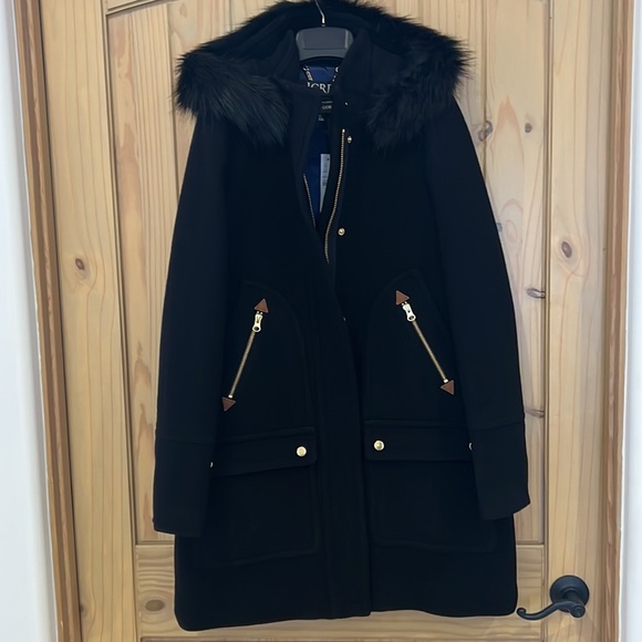 *NWT J. Crew JCREW Black Italian Wool Blend Coat Detachable Faux Fur Trim - Picture 3 of 6